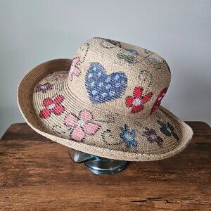 Banash Boston Retro 70s Hand Painted Floral Straw Hat